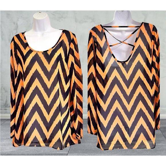 Moa‎ Moa Blouse Top Size M Long Sleeves Chevron Pattern Semi Sheer Orange Navy - Picture 2 of 12